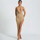 Sexy halter-neck backless high-waisted slit long dress SXE-K25D73649