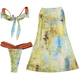 Sexy color-blocking printed strappy top high-waisted skirt three-piece set SXE-K24S62098
