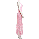 Sexy deep V-neck off-the-shoulder solid color tassels long dress SXE-W25D65483