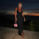 Sexy deep V-neck off-the-shoulder solid color tassels long dress SXE-W25D65483