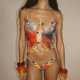 Sexy Printed Mesh Lace-up Bikini Three-piece Set SXE-K25S67251