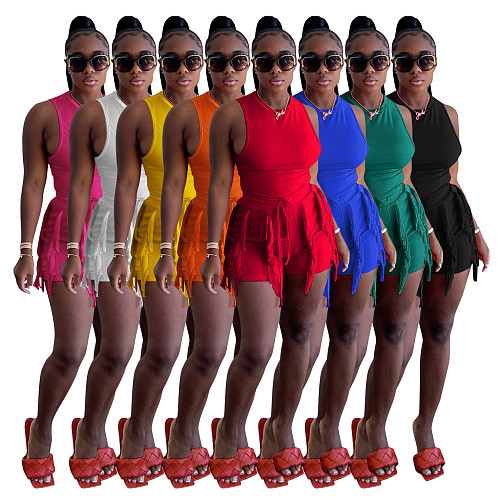 Women solid color sleeveless vest and tassel shorts casual 2 pieces sets AIL-236