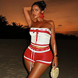Women'S Knitted Drawstring Tube Top Contrast Striped Shorts Two-Piece Set RS-D25ST195