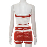 Women'S Knitted Drawstring Tube Top Contrast Striped Shorts Two-Piece Set RS-D25ST195
