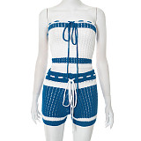 Women'S Knitted Drawstring Tube Top Contrast Striped Shorts Two-Piece Set RS-D25ST195