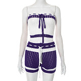 Women'S Knitted Drawstring Tube Top Contrast Striped Shorts Two-Piece Set RS-D25ST195