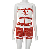 Women'S Knitted Drawstring Tube Top Contrast Striped Shorts Two-Piece Set RS-D25ST195
