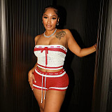 Women'S Knitted Drawstring Tube Top Contrast Striped Shorts Two-Piece Set RS-D25ST195
