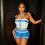 Women'S Knitted Drawstring Tube Top Contrast Striped Shorts Two-Piece Set RS-D25ST195