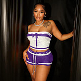 Women'S Knitted Drawstring Tube Top Contrast Striped Shorts Two-Piece Set RS-D25ST195