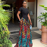 Black round neck tops patchwork fashion print long dresses JSD-302982
