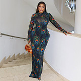 Fashion prints lady turtleneck long sleeves tight maxi dresses JSD-302830