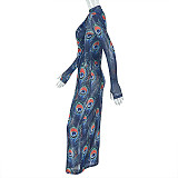 Fashion prints lady turtleneck long sleeves tight maxi dresses JSD-302830