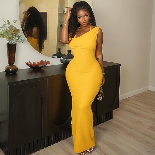 Sexy ladies backless one shoulder solid color slit long dress JSD-302930