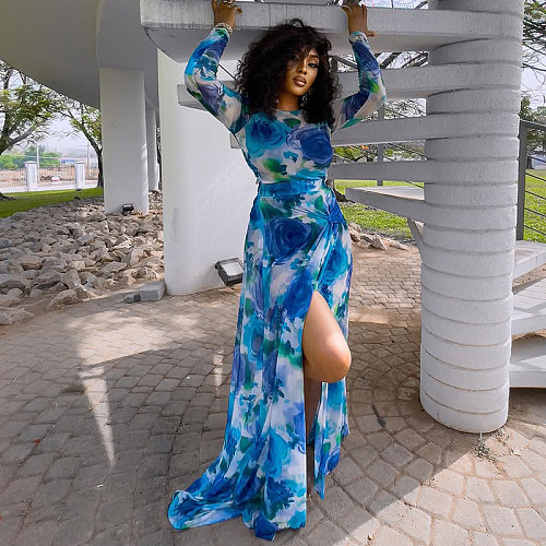 Stylish print lady long sleeves irregular wrinkle slit long dress JSD-302663