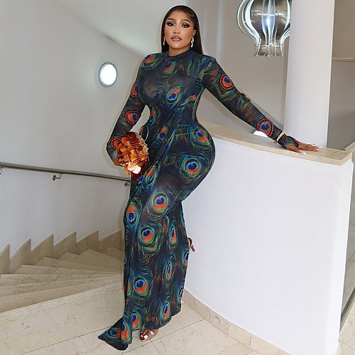 Fashion prints lady turtleneck long sleeves tight maxi dresses JSD-302830