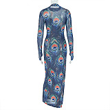 Fashion prints lady turtleneck long sleeves tight maxi dresses JSD-302830
