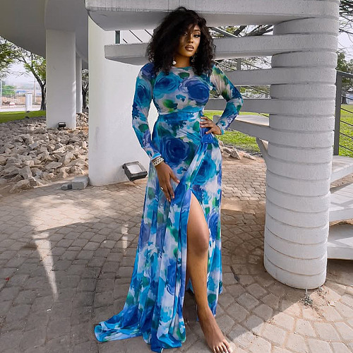 Stylish print lady long sleeves irregular wrinkle slit long dress JSD-302663