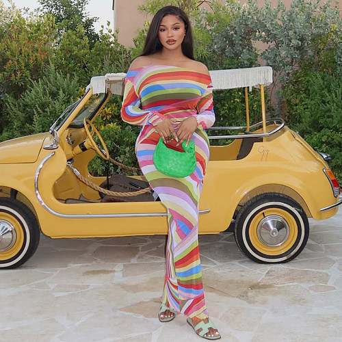 Sexy off shoulder strapless colorful stripes tight long dresses JSD-303006