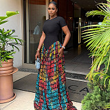 Black round neck tops patchwork fashion print long dresses JSD-302982