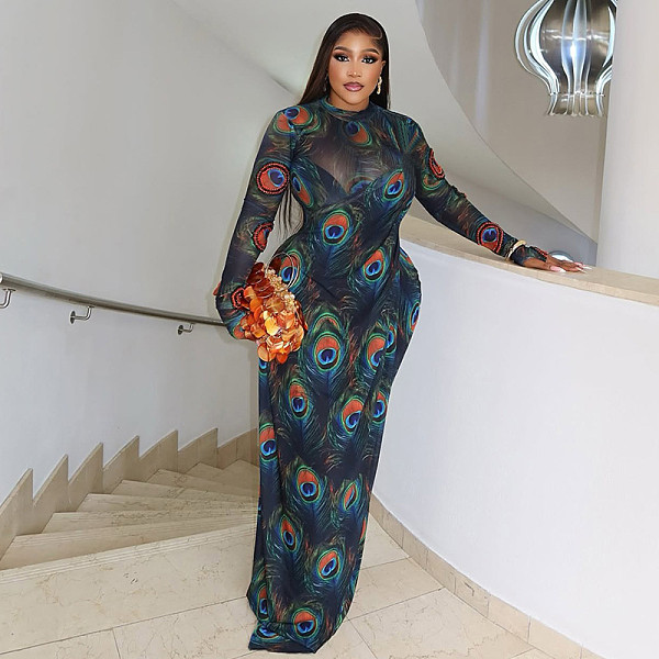 Fashion prints lady turtleneck long sleeves tight maxi dresses JSD-302830