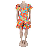 Orange-Red Elegant Printed Waist-Hugging Pleated Flying Sleeve Jumpsuit For Women NY-11039