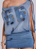 Sexy Distressed Rivet Off-shoulder Backpack Hip Dress RS-0957