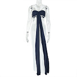 Sexy Splicing Pleated Slim Hip Skirt Strappy V-neck Contrast Color Dress JSD-302625