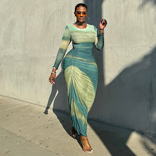 Fashion printed long sleeves round neck wrinkle tight long dress JSD-302978