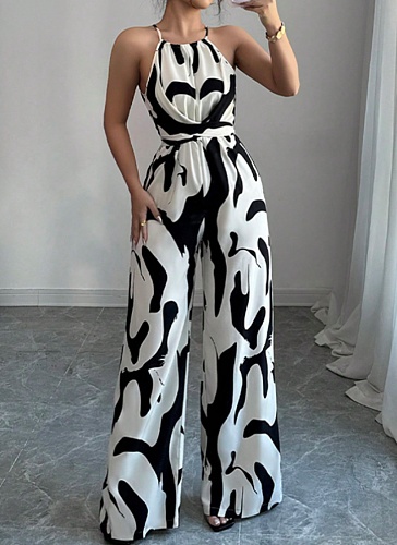 Fashionable Zebra Print Suspenders Lace-up Wide-leg Trousers Jumpsuit RS-080