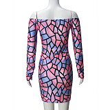 New Arrival Slim Fit Printed Long Sleeve One Shoulder Dress RS-41735
