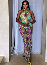 Sexy Printed Cross Halter Neck Hollow Back Loose Comfortable Waist Jumpsuit JSD-006233
