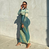 Fashion printed long sleeves round neck wrinkle tight long dress JSD-302978