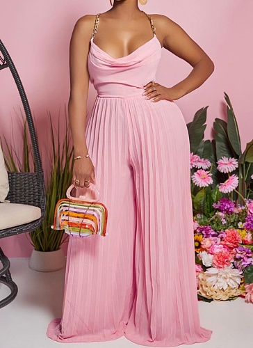 Sexy Pleated Chain Halter Neck Backless Jumpsuit RS-062470