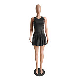Black Spring New Fashion Casual Style Solid Color Pleated Dress CN-0233
