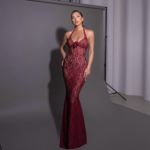 Fashion Style Temperament Slim Halterneck Lace Long Dress RS-24503