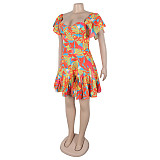 Orange-Red Elegant Printed Waist-Hugging Pleated Flying Sleeve Jumpsuit For Women NY-11039
