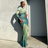 Fashion printed long sleeves round neck wrinkle tight long dress JSD-302978