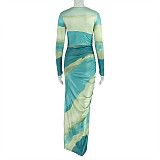 Fashion printed long sleeves round neck wrinkle tight long dress JSD-302978