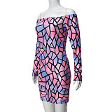 New Arrival Slim Fit Printed Long Sleeve One Shoulder Dress RS-41735