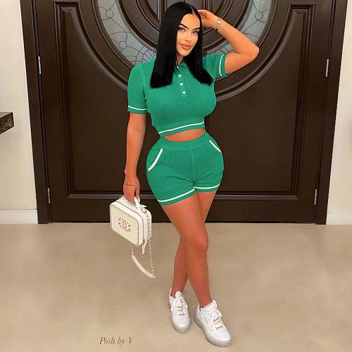 Knitted Sweater Short Sleeve Two Piece Shorts Set OSM-4401