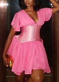 New Style Bight Pink Deep V-neck Waist Lotus Leaf Sleeve Dress RS-KK427