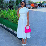 New ladies oblique collar one sleeve waist-sealed pleated long dress HK-7064