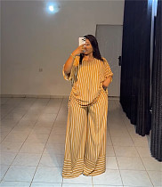 Casual loose V-neck striped short-sleeved top wide-leg trousers set HK-72391 Casual loose V-neck striped short-sleeved top wide-leg trousers set HK-72391
