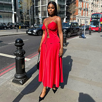 Women's sexy strappy top with high-waisted skirt set red HK-72416