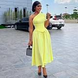 New ladies oblique collar one sleeve waist-sealed pleated long dress HK-7064