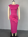 Elegant lady short-sleeved solid color pleated frilled slim maxi dress HK-7282