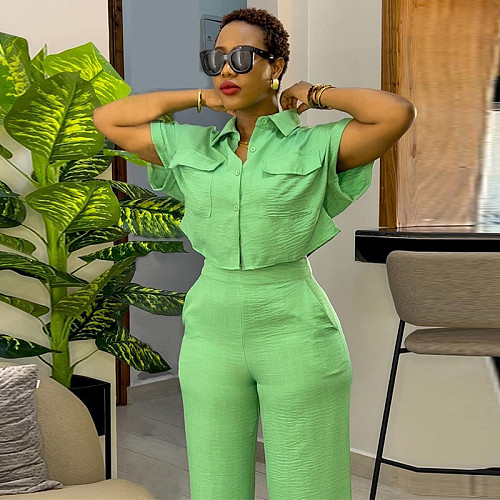 Women's casual lapel short-sleeved shirt wide-leg trousers fashion set HK-7043