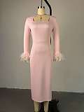 Women's square-neck long-sleeved feather-decorated high-waisted slimming dress pink HK-7652