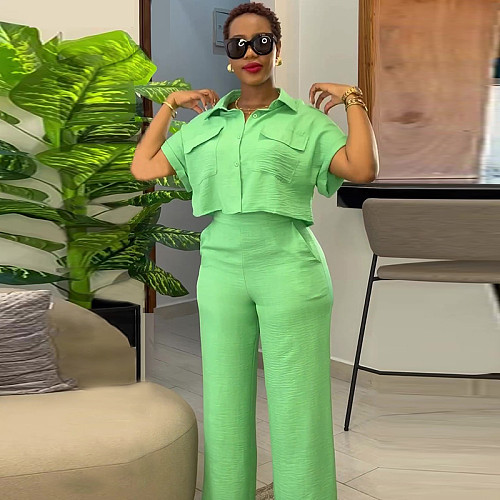 Women's casual lapel short-sleeved shirt wide-leg trousers fashion set HK-7043